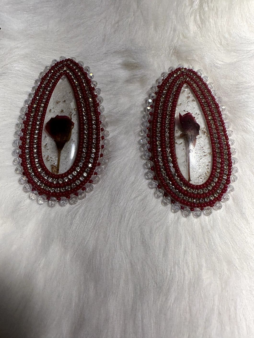 Large red floral resin beaded earrings
