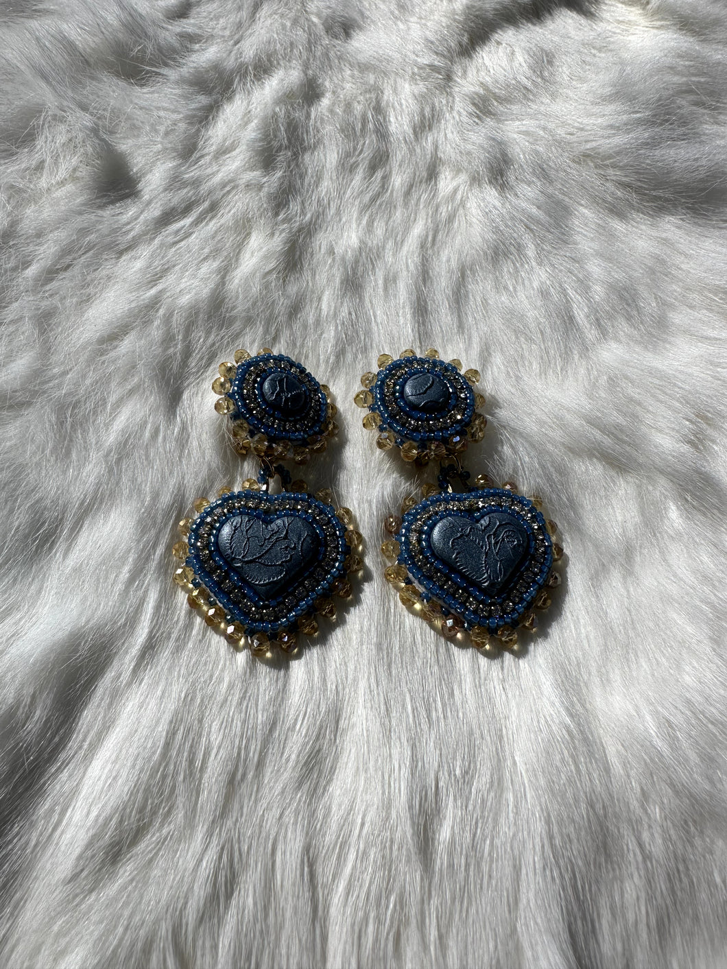Navy and Gold Two Tier Beaded Earrings