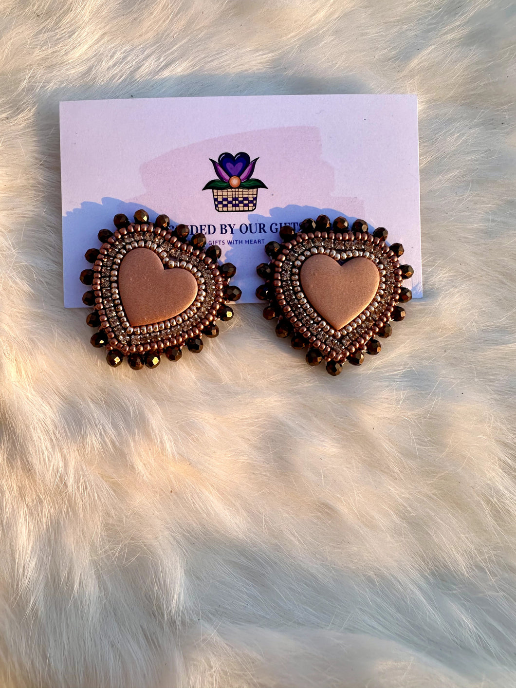 Small Brown Heart Beaded Earrings